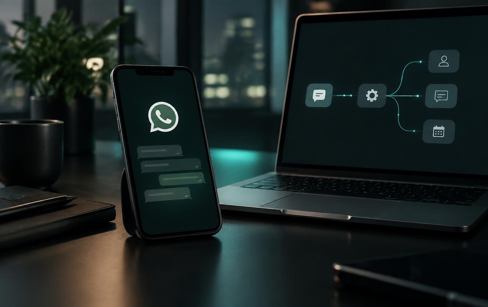 טלפון עם WhatsApp לצד מחשב המציג תהליך אוטומציה